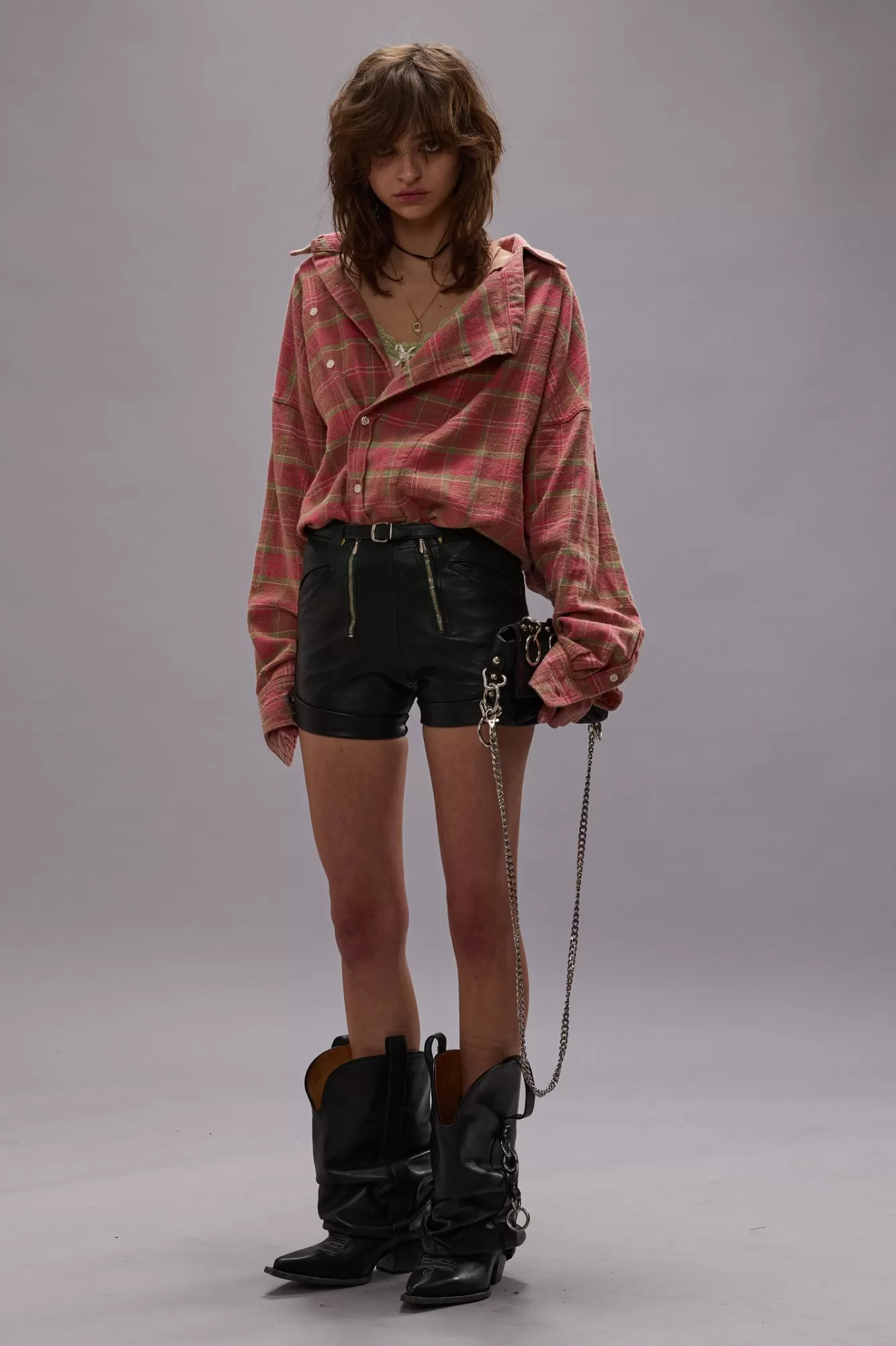 Tops<R13 ASYMMETRICAL SHIRT - PINK PLAID