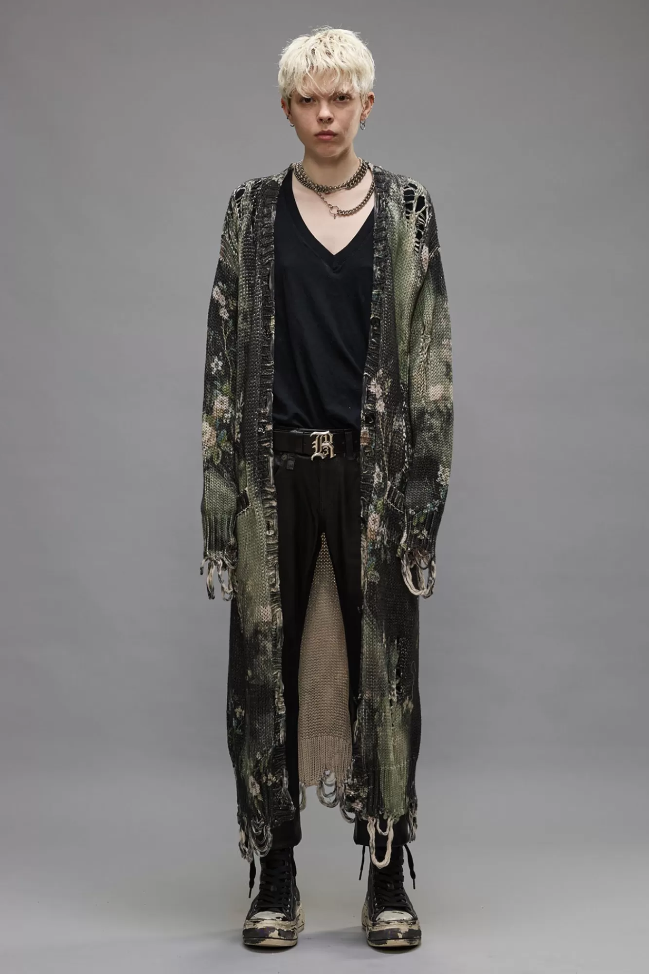 Sweaters<R13 DISTRESSED LONG CARDIGAN - BLEACHED BLACK FLORAL