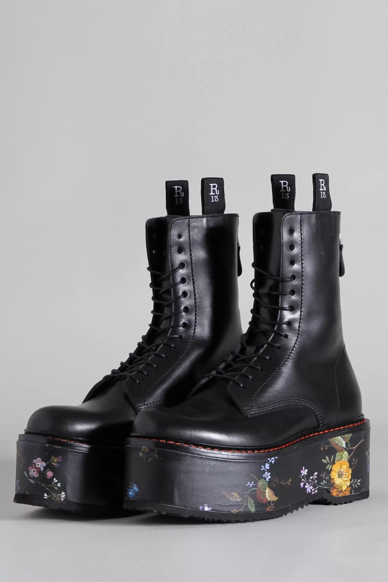 Boots<R13 DOUBLE STACK BOOT - BLACK WITH FLORAL PLATFORM