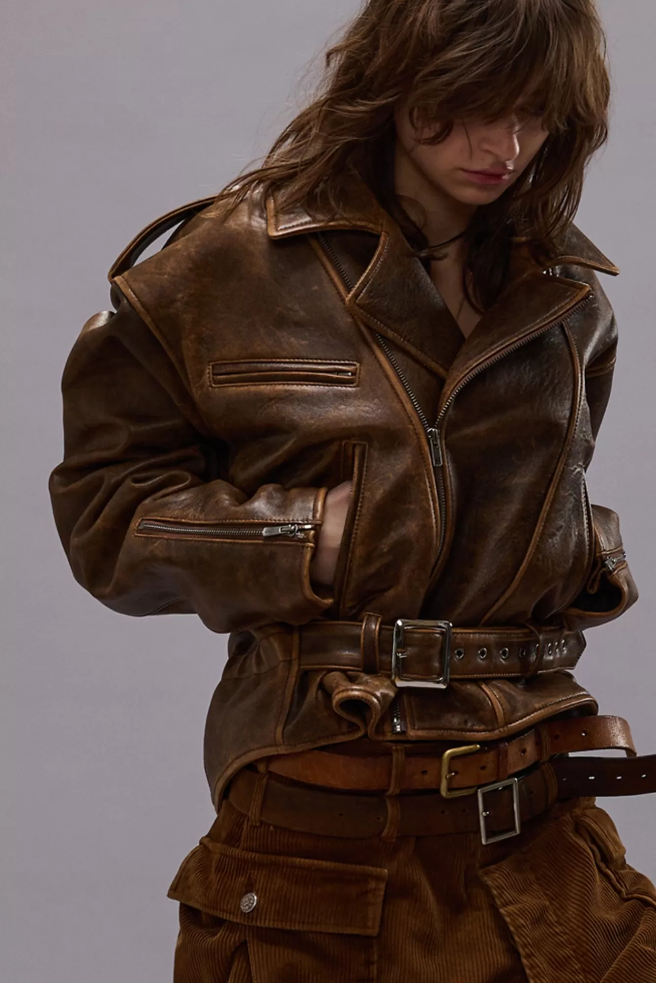 Jackets & Coats<R13 EXAGGERATED SHOULDER MOTORCYCLE JACKET - BROWN LEATHER