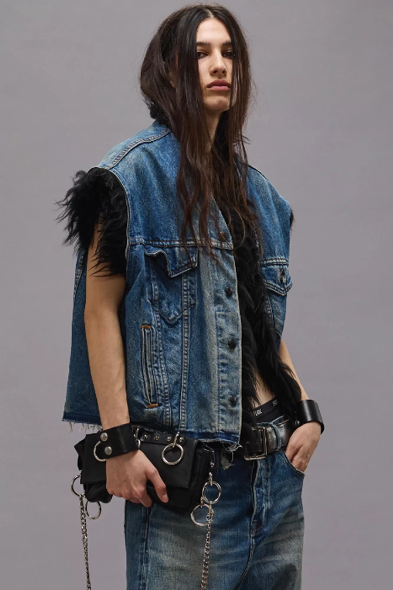 Jackets & Coats<R13 FUR TRIMMED TRUCKER VEST - STONE WASH BLUE