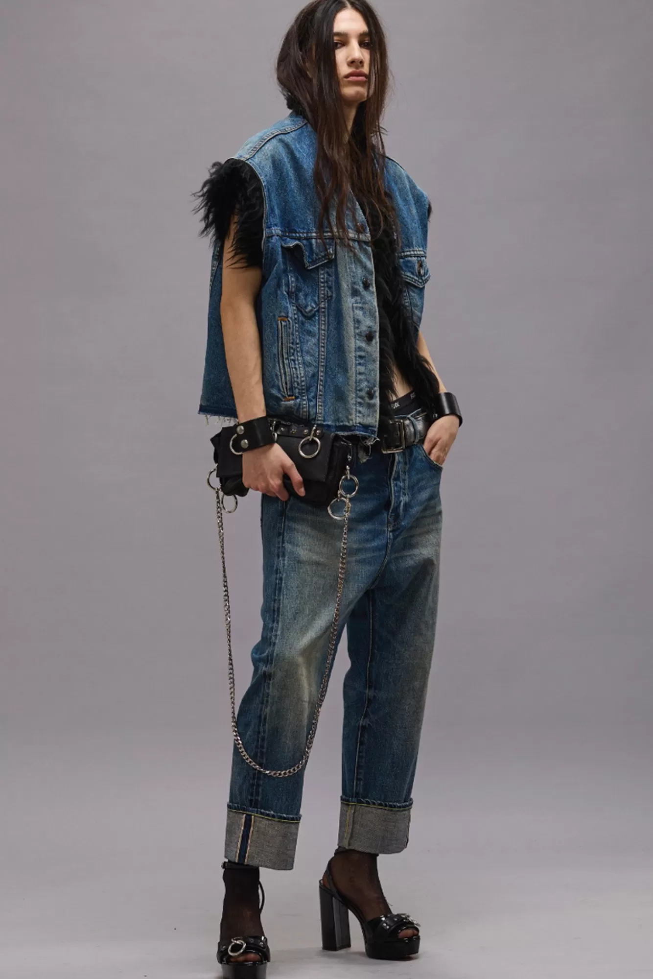 Jackets & Coats<R13 FUR TRIMMED TRUCKER VEST - STONE WASH BLUE