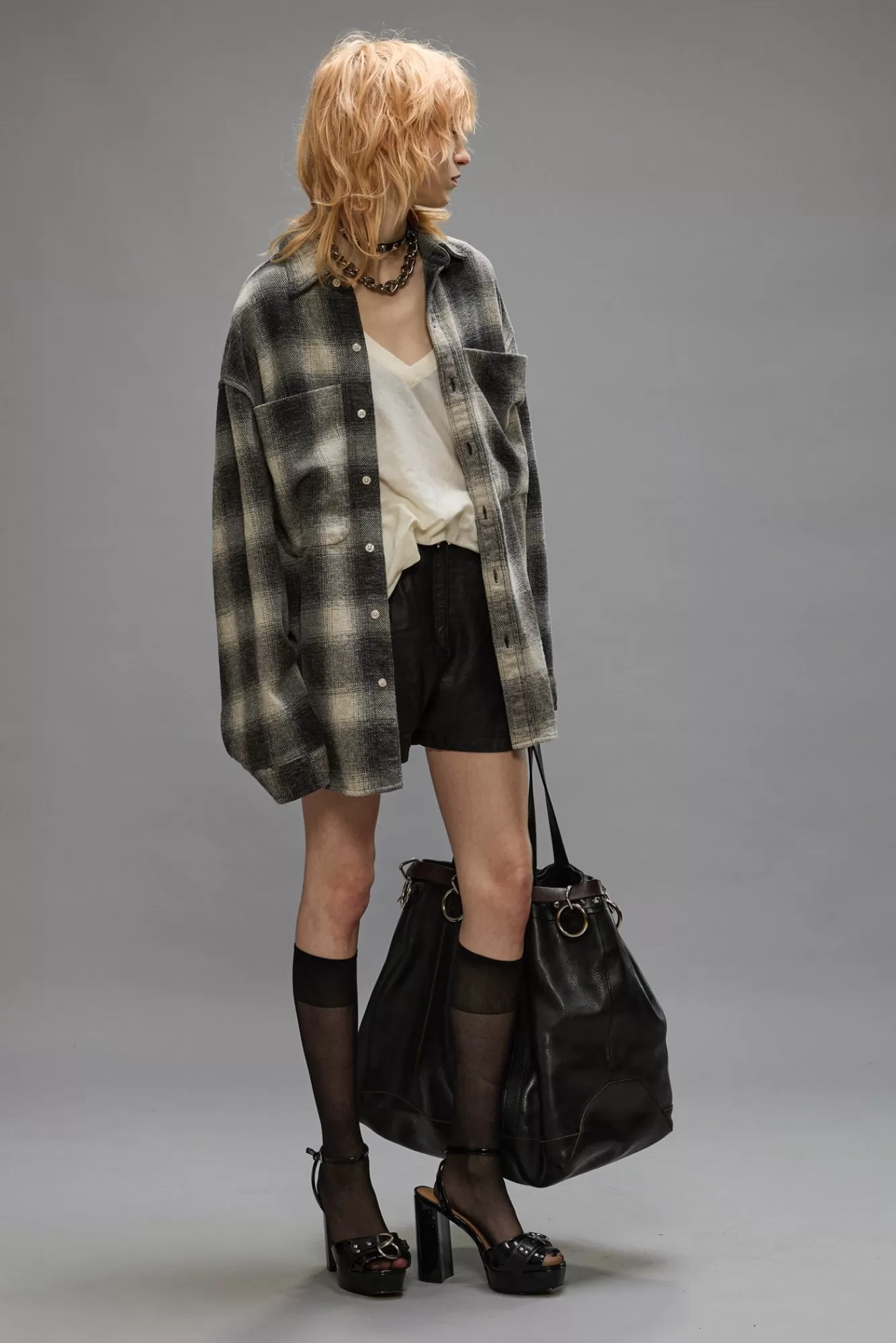 Tops<R13 OVERSIZED POCKET DROP NECK - GREY OMBRE PLAID