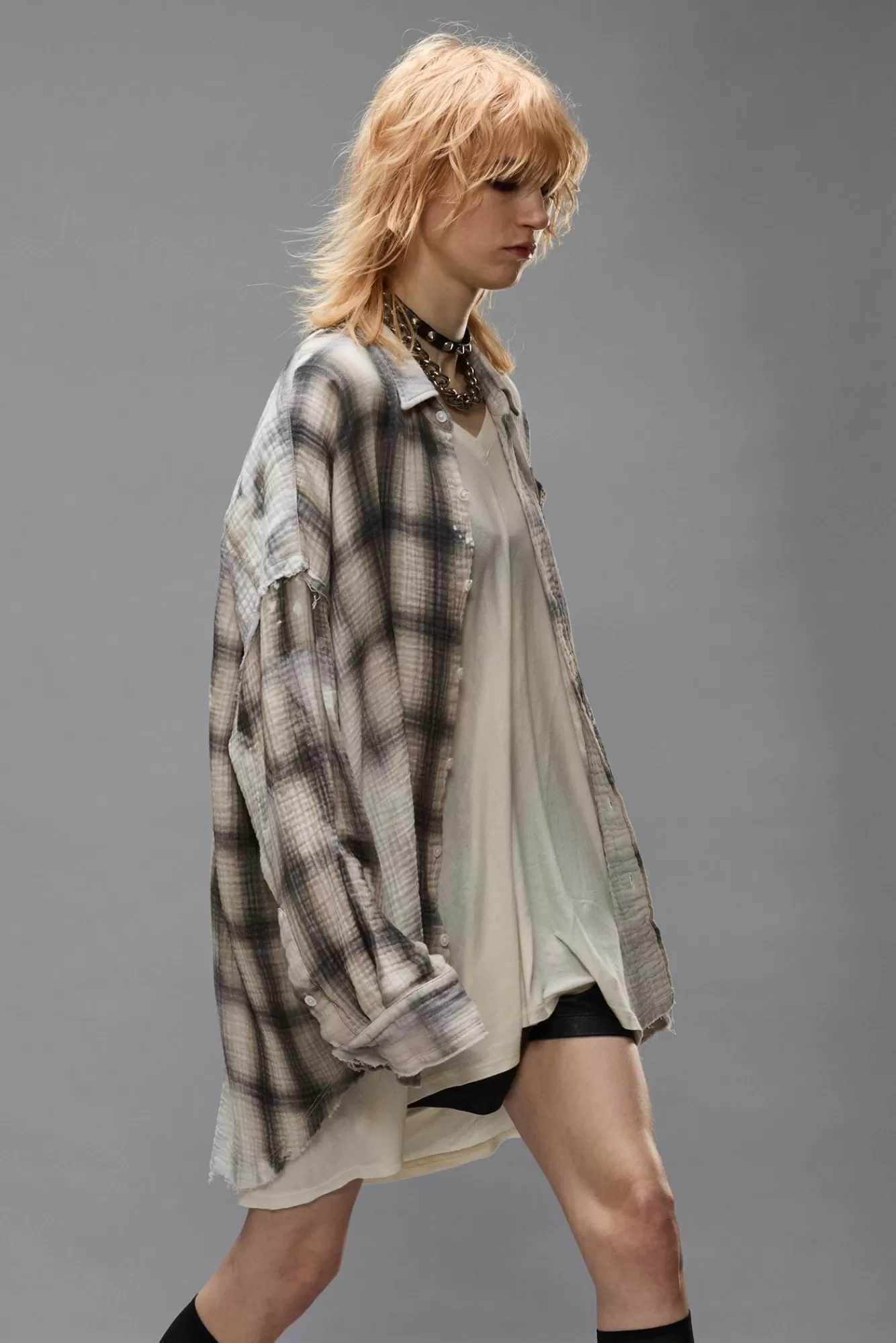 Tops<R13 SHREDDED SEAM DROP NECK - PRINTED GREY PLAID