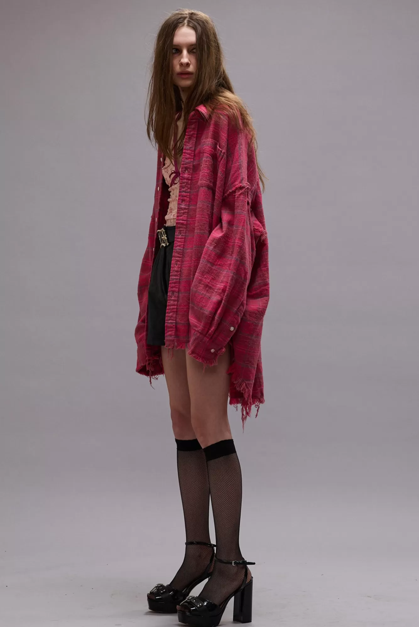 Tops<R13 SHREDDED SEAM DROP NECK SHIRT - RASPBERRY OVERDYED PLAID