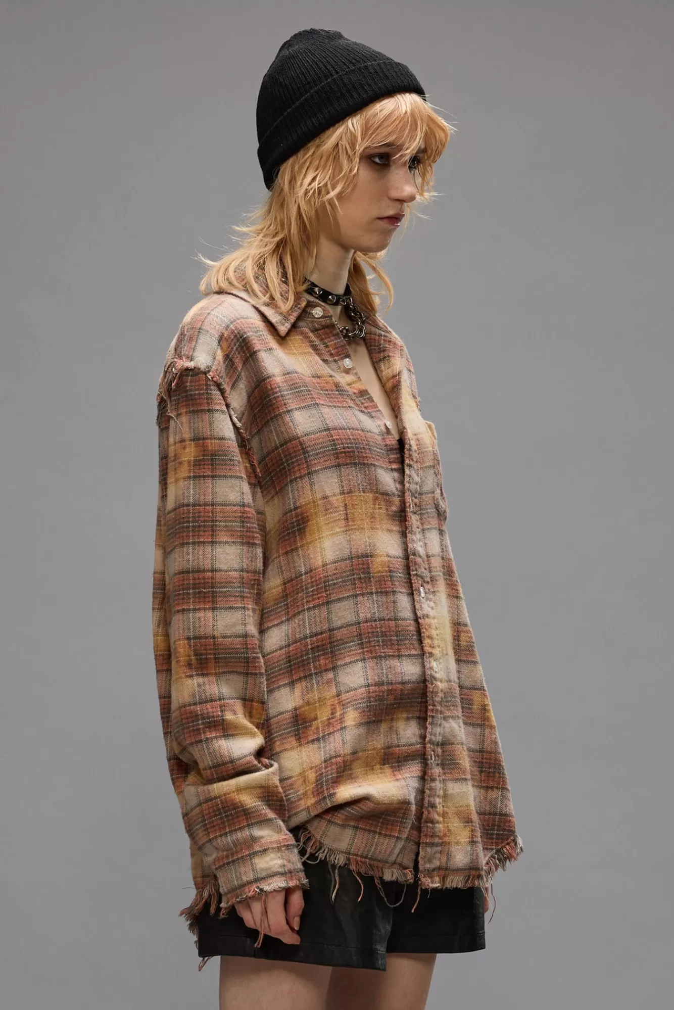 Tops<R13 SHREDDED SEAM SHIRT - BLEACHED ORANGE PLAID